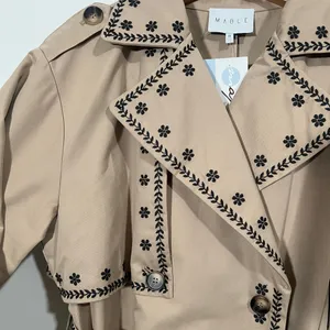 NEW Mable Embroidered Trench Coat Sz Medium Taupe and Black Neutral thumbnail 4