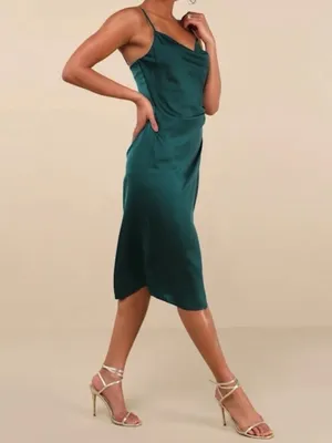 Lulus Women's Drape Neck Hollywood Woman's Forest Green Satan Midi Dress thumbnail 2