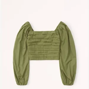 ABERCROMBIE & FITCH Puff Sleeve Pleated Bodice Ruched Crop Top in Green Size M thumbnail 3