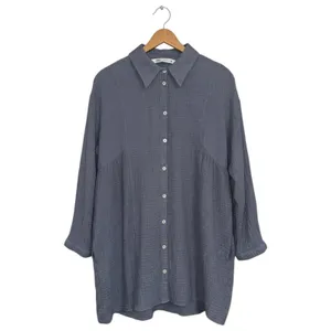 Zara‎ Slate Blue Grey Textured Cotton Gauze Button Down Shirt Dress Oversized M thumbnail 4