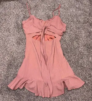 White Fox Boutique pink mini dress with ruffled hem and tie front detail, size S thumbnail 1