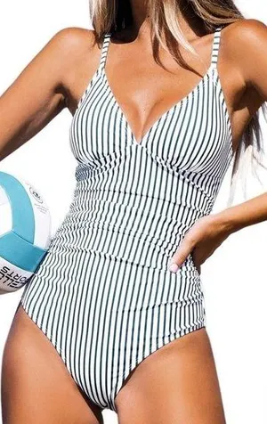 NWT CUPSHE One Piece Swimsuit Tummy Control V white blue vertical stripes size S thumbnail 1