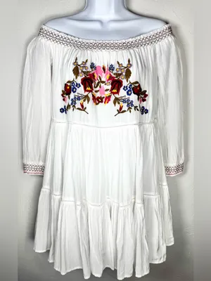 Free People White Off-Shoulder Embroidered Mini Dress Size XS thumbnail 5
