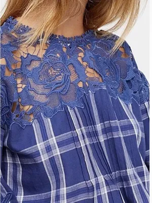 Free people Blue Plaid Lace Yoke Women's Top - Unbranded thumbnail 3