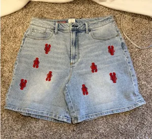 Draper James Ava Cuff Denim Shorts Womens 12 Lobster Embroidered Light Wash thumbnail 1