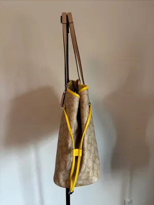 Coach Beige Signature Canvas Tote with Yellow Center Stripe and Tan Handles thumbnail 3