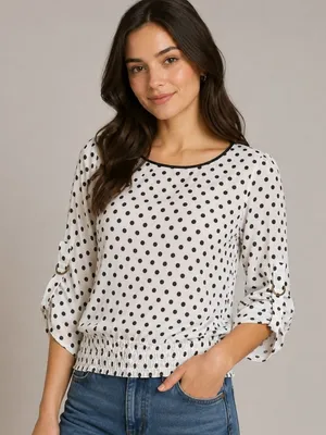Michael Kors Blouse White Black Polka Dot Smocked Waist Roll Tab Sleeve Office S thumbnail 1