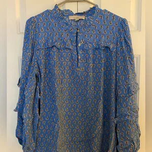 Loft Paisley Ruffle Button Blouse in Blue thumbnail 3