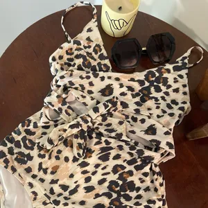 Women’s Aerie Leopard Print Wrap Swimsuit Size M Adjustable Full Coverage Cream thumbnail 4