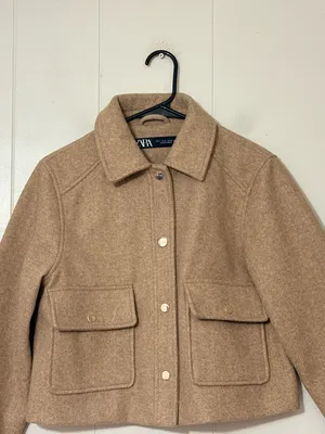 Zara Cropped Wool Look Utility Jacket Beige Camel Button Front Size Small thumbnail 4