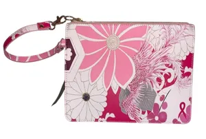 Chico’s Breast Cancer Awareness Pink‎ Floral Wristlet Clutch NWT Ribbon Zipper thumbnail 1