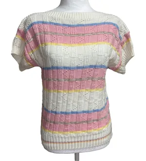 Keneth too! Vtg 80s‎ Knit Top Pastel Striped Pointelle Retro Grandma Cottage S thumbnail 1