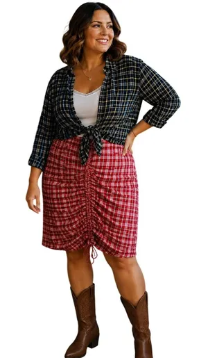 AKIRA Shirt Dress Multicolor Plaid Ruched Colorblock Casual Western Cowgirl 3X thumbnail 1