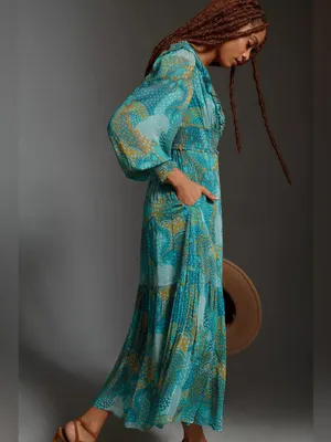 Anthropologie Odetta Ruffled V-Neck midi Dress Teal Gold Boho Mixed Print Small thumbnail 2