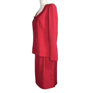 Vintage 90s Liz Claiborne 100% Silk Red Skirt Suit Set Bow Embroidery Size 6‎ thumbnail 4