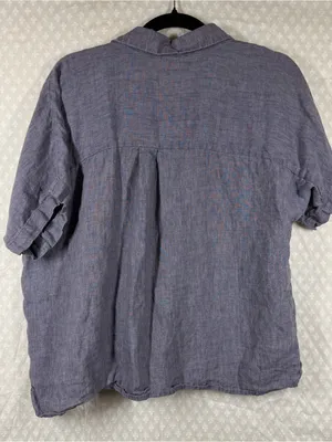 Eileen Fisher Blue Organic Linen Short Sleeve Button Down Top thumbnail 5