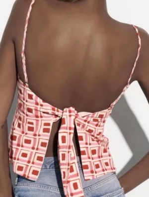 NWT Zara Geometric Print Linen Blend Open Back Top thumbnail 3