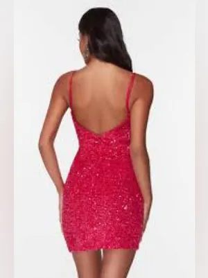 Adorable Alyce 4599 fitted straight dress in fuchsia plush sequins, size 2 thumbnail 2