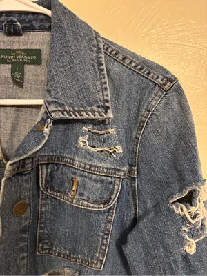 Lauren Jeans Co Ralph Lauren Distressed Denim Jacket Large Zip Pocket Trucker thumbnail 5