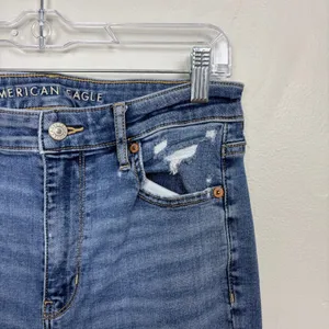 American Eagle Stretch Super Hi-Rise Flare Medium Wash Distressed Casual Size 8 thumbnail 6