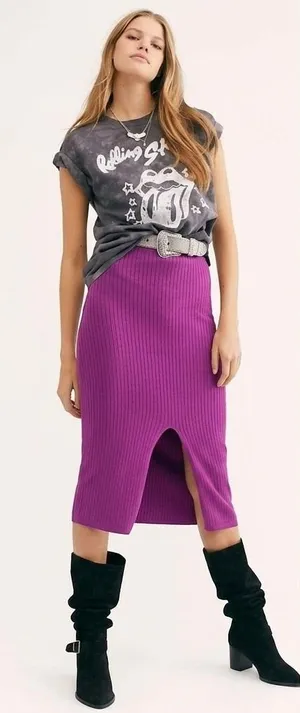 Free People Skyline‎ Women Medium Purple Ribbed Knit Front Slit Midi Skirt Boho thumbnail 1