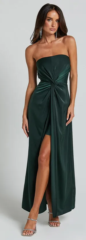 Showpo New Hathaway Maxi Dress Strapless Straight Neck Twist Front Split Emerald Large thumbnail 1