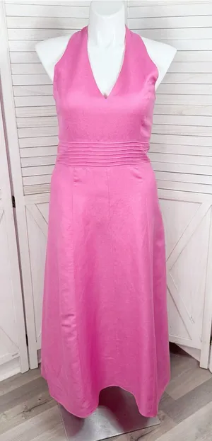 Jessica Howard Linen Blend Pleat Waist‎ Open Back Halter Maxi Dress Pink 14 thumbnail 1