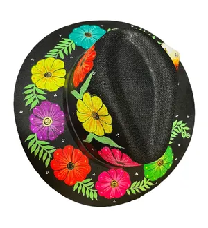 HAT MEXICAN Artisanal Hand Painted Fedora Floral Sombrero Panama Bohemian Black thumbnail 1