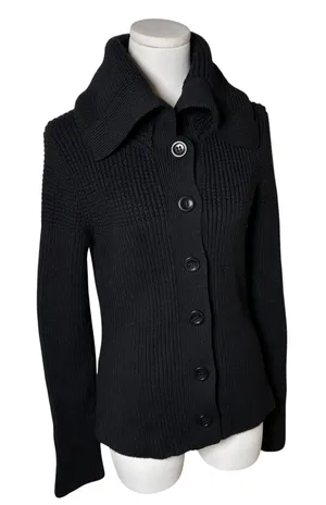 Ann Taylor Merino Wool Chunky Ribbed Cardigan Black Collared Button Front Size M thumbnail 1