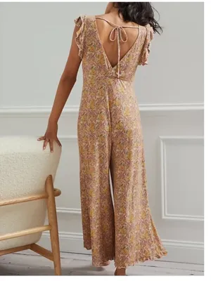 Anthropologie Matilda Pink Yellow Floral Paisley Wide Leg Ruffle Jumpsuit S thumbnail 11