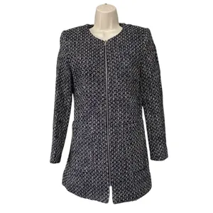 ✨Zara Classic Minimalist Tweed Blue White Zip Up Sz Medium Peacoat✨ thumbnail 6