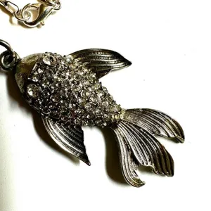 Vintage silver tone fish rhinestone pendant necklace thumbnail 9