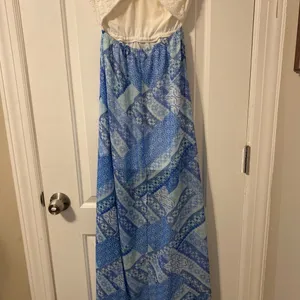 Iris Los Angeles Strapless Maxi Dress Womens Small Blue White Mosaic Lace Cutout thumbnail 6