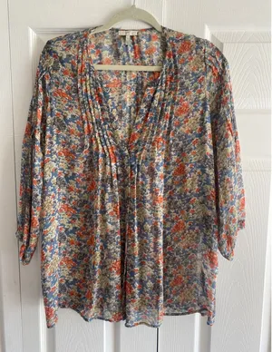 Joie Floral Silk‎ Pintuck Blouse Womens Size S Blue Orange V-Neck 3/4 Sleeve Top thumbnail 1