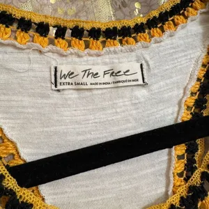 Free People Black Yellow Ivory Bora Bora Racerback Crochet Linen Blend Trim Tank thumbnail 3