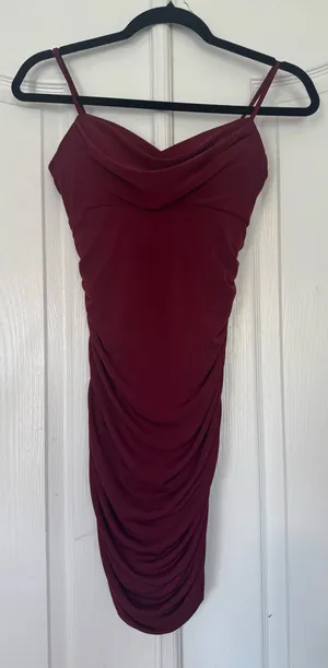 Emerald Sundae Burgundy bodycon dress with ruched detailing thumbnail 1