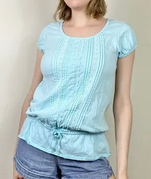 Vintage y2k Old Navy Aqua Blue Lace Detail Fitted Waist Blouse Top Size S thumbnail 1