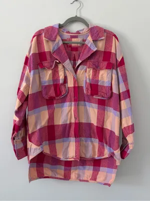 Free People We The Free Izzie Buffalo Check Plaid Cargo Flannel Shirt Pink Red S thumbnail 1