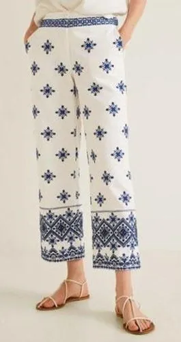 Mango White Blue Geometric Embroidered Wide Leg Cropped Pants Size‎ 4 NWT thumbnail 1