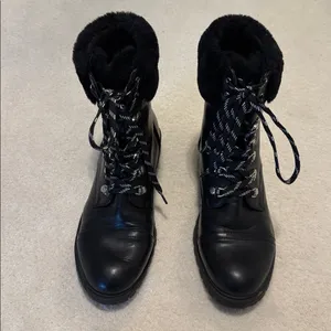 Black Fur Trim Combat Laced Boots thumbnail 2