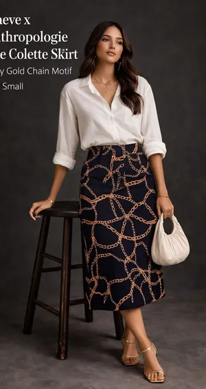 Maeve x Anthropologie The Colette Skirt Navy Gold Chain Motif | Size Small thumbnail 1