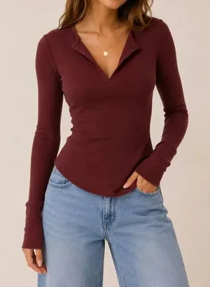 Intimately Free People Burgundy Ribbed Long Sleeve Henley Top XS thumbnail 1