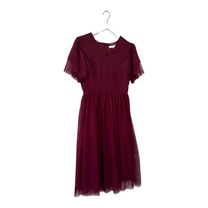 Ivy City Co Maroon Swiss Dot Flutter Sleeve Midi Dress Size Small thumbnail 10