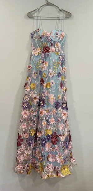 Mac Duggal 56331 Blue Spaghetti Strap Floral Embroidered A-Line Gown Sz 6 thumbnail 1