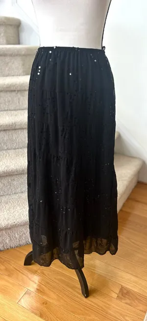 Vintage Y2K Black Sequin Embroidered Floral Tiered Whimsygoth Fairy Midi Skirt thumbnail 1
