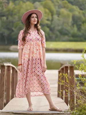 Dolma Kelly Floral Boho Tiered Midi Dress Pink Orange Large Cotton Mosaic thumbnail 2