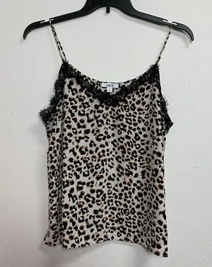 Bar III Slip On Cami Women’s XL Black Ivory Animal Print Eyelash Lace Tank Top thumbnail 1