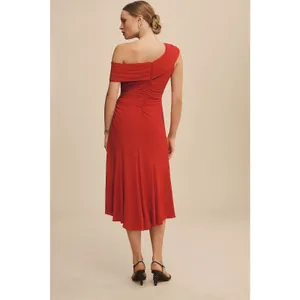 Ieena Mac Duggal Ruched Red Off-The-Shoulder Midi Dress Size 6 Cocktail Wedding thumbnail 15