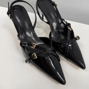 Black Patent Slingback Heels Pointed Toe Multi Strap Buckle Pumps Stiletto US 9 thumbnail 2