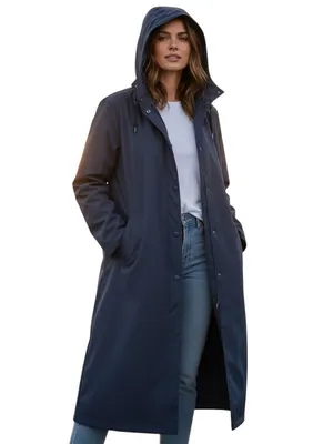 London Fog Womens 10 Reg Navy Blue Hooded Long Raincoat Button Front Trench Coat thumbnail 2